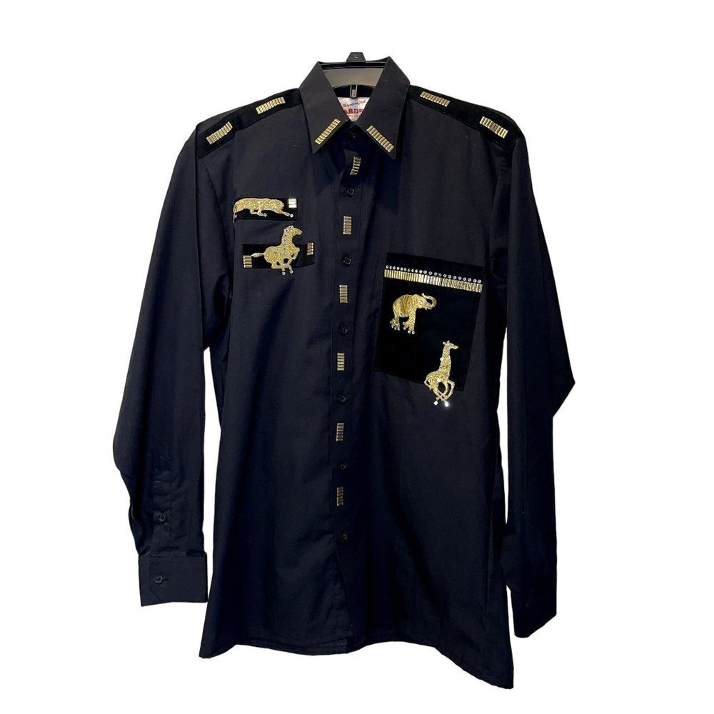 Mardel Vintage Womens Shirt Size Medium Black Gold Animal Embellished Rhinestone
